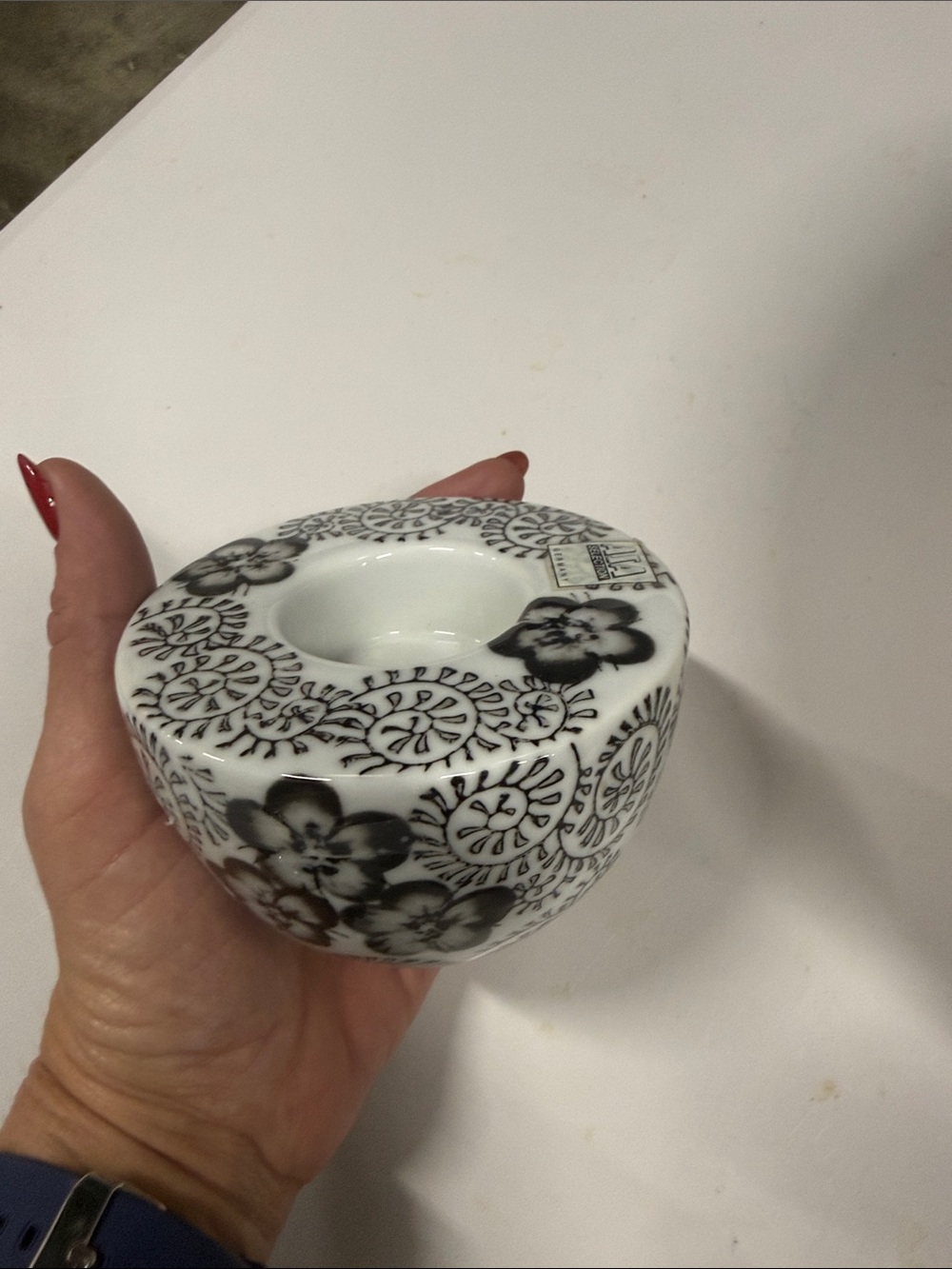 Hand-Painted Ceramic Tealight Candle Holder in Black and White